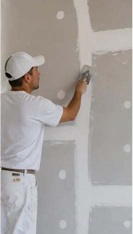 Worker in white cap and shirt applying spackling compound to drywall with a putty knife