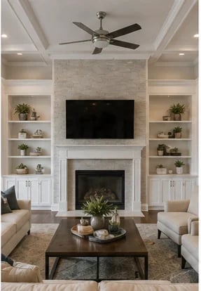 Modern living room with fireplace, mounted TV, built-in shelving, ceiling fan, and contemporary furniture arrangement