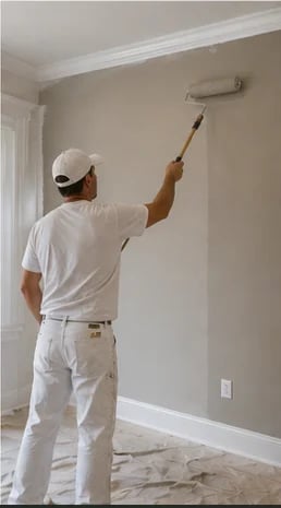 Worker in white clothing and cap painting interior wall with roller brush