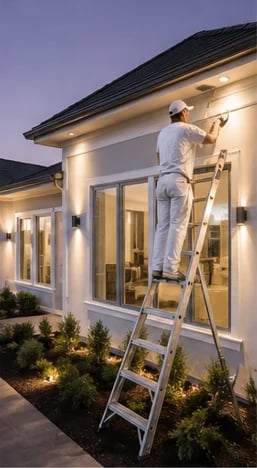 Worker on ladder installing lighting on exterior of modern white house at dusk